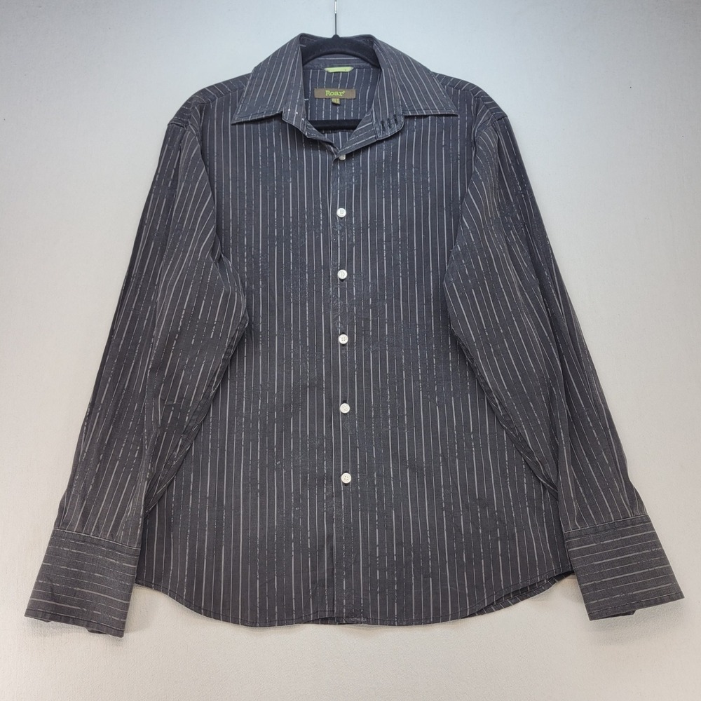 Roar Button Down Shirt Mens Medium Black Pinstripe Long Sleeve Pinstripe